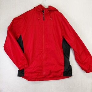 i5 Mens XL Red Black Hooded Windbreaker Full Zip Mesh‎ Lined Athletic Jacket